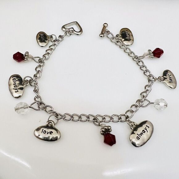 ALWAYS LOVE Silver Tone Charm Dangle Drop Bracelet Red Crystal 7.5” 4353 - Picture 1 of 11